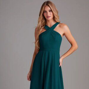 Azazie Dixie Pine A-Line Halter Pleated Chiffon Dress